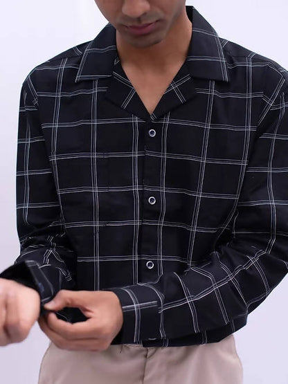 Diva Globe Cotton Black Checkard Lapel Collar Shirt