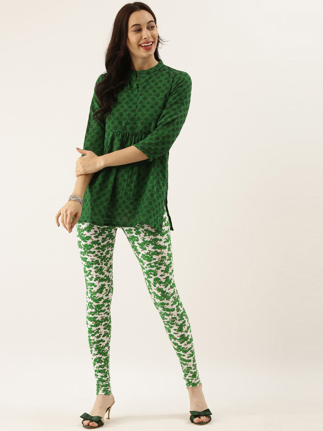 Souchii White & Green Printed Ankle-Length Leggings