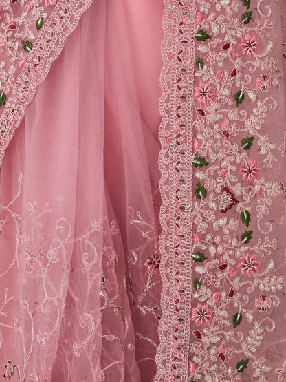 kasee Floral Embroidered Net Saree With Blouse Piece