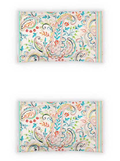 DDecor White & Turquoise Blue Motifs 140 TC Cotton Queen Bedsheet with 2 Pillow Covers