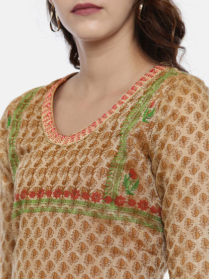 Souchii Beige & White Printed Straight Kurta