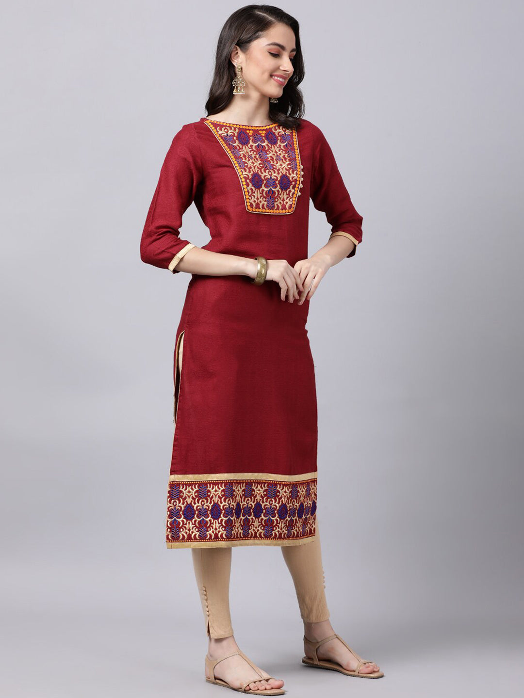 Souchii Maroon & Yellow Thread Work Grandeur & Majestic Artwork Cotton Kurta