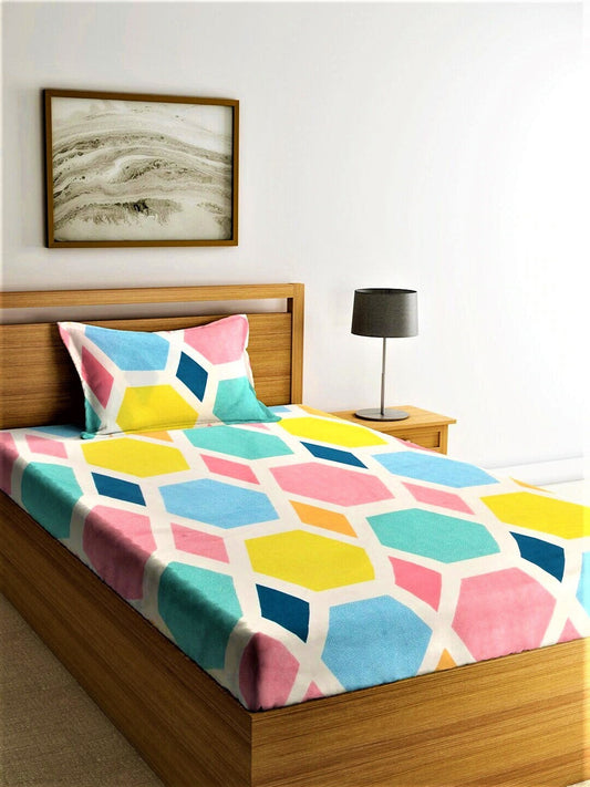 Home Sizzler Blue & Yellow Geometric 210 TC Single Bedsheet with 1 Pillow Covers