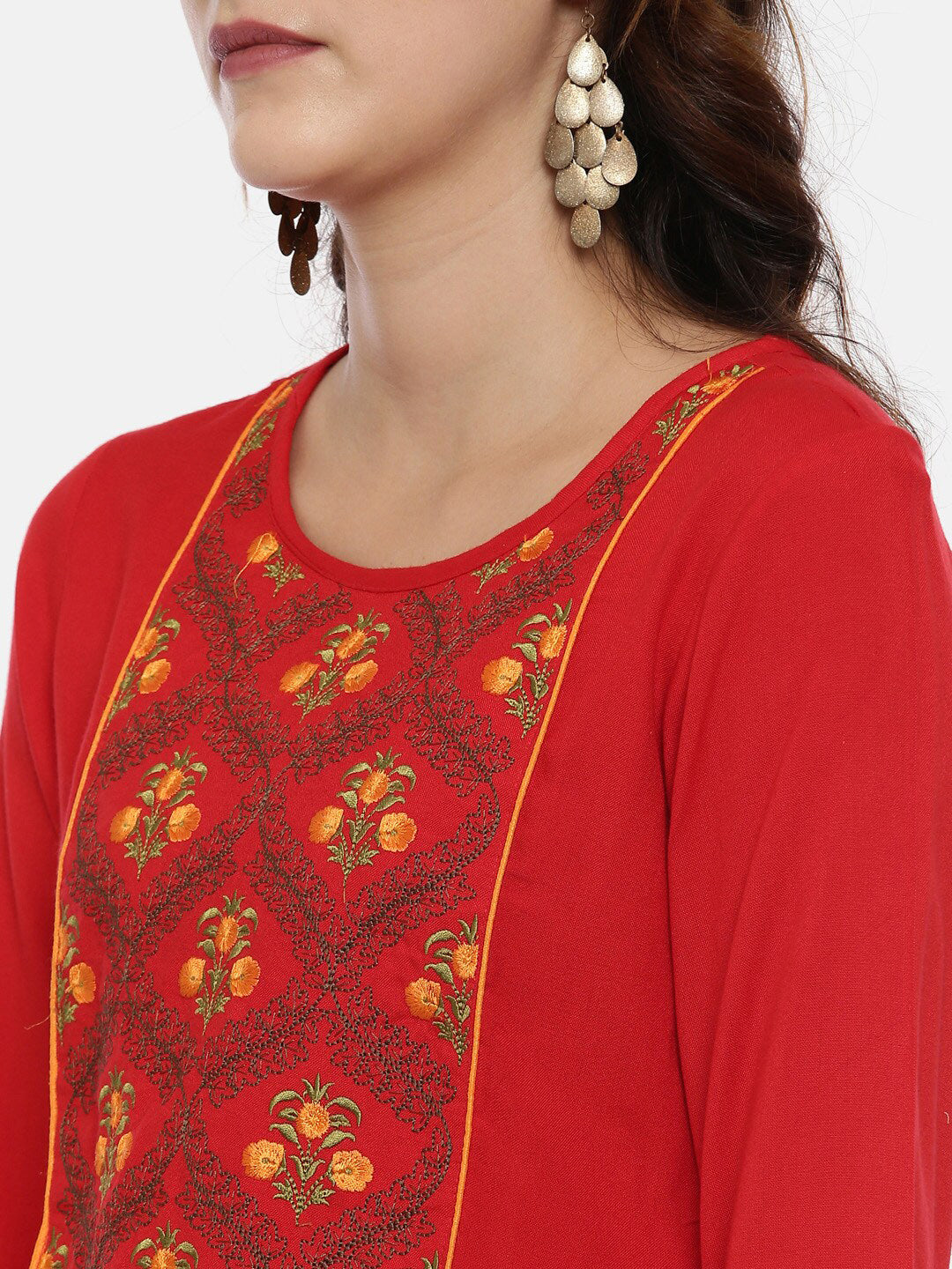 Souchii Women Red & Yellow Floral Yoke Design Kurta
