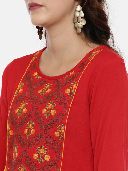Souchii Women Red & Yellow Floral Yoke Design Kurta