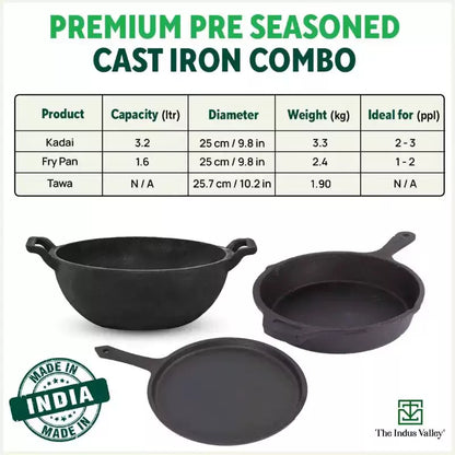 The Indus Valley CASTrong Cast Iron Cookware Set: Tawa+ Kadai+ Frypan, Kitchen Set for Home, Pre-seasoned, 100% Pure, Induction, Tadka Pan