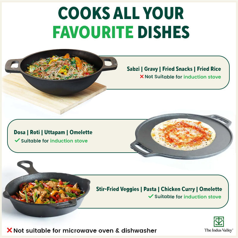 The Indus Valley CASTrong Cast Iron Cookware Set: Tawa+ Kadai+ Fry Pan, Kitchen Set for Home, Pre-seasoned, 100% Pure, Toxin-free, Tadka Pan