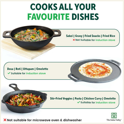 The Indus Valley CASTrong Cast Iron Cookware Set: Tawa+ Kadai+ Fry Pan, Kitchen Set for Home, Pre-seasoned, 100% Pure, Toxin-free, Tadka Pan