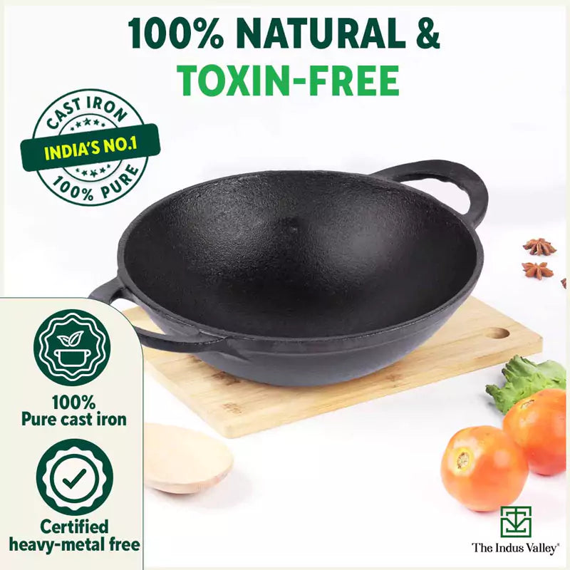 The Indus Valley CASTrong Cast Iron Kadai, Pre-seasoned, Nonstick, 100% Pure, Toxin-free, Spatula, 25.2cm, 2.2L, 2.37kg