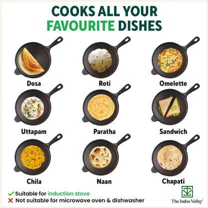 The Indus Valley Super Smooth Cast Iron Tawa, Long Handle,Pre-seasoned, Nonstick, 100% Pure, Toxin-free, Induction,Spatula, 25.4cm, 1.8kg