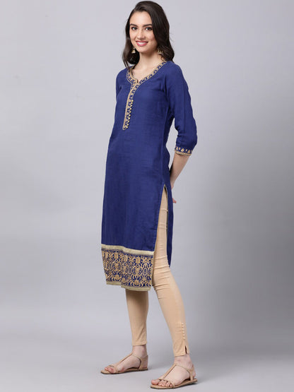 Souchii Women Blue Yoke Design Thread Work Grandeur & Majestic Artwork Kurta