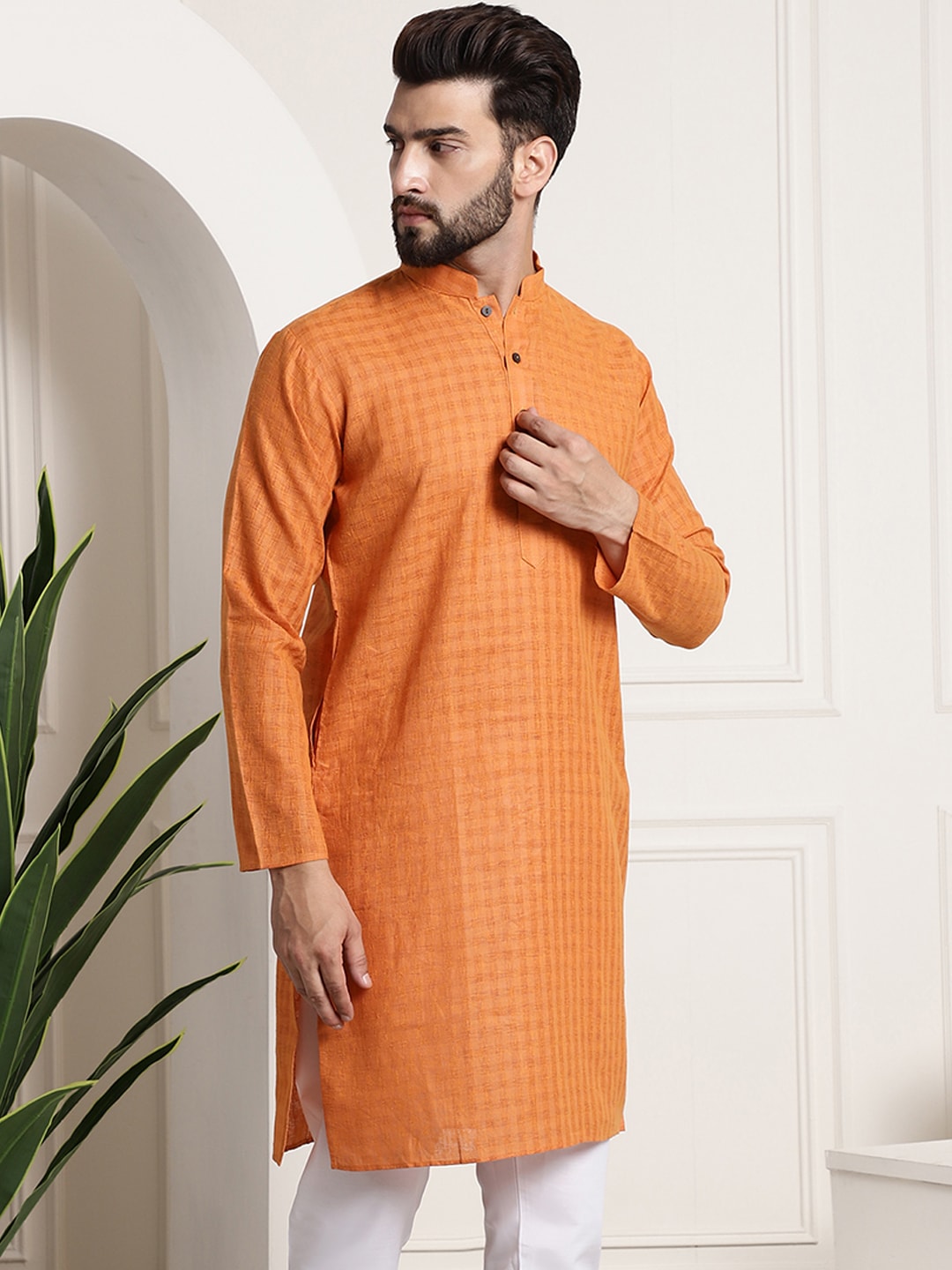 Sojanya Men Orange Dobby Self-Checked Straight Kurta