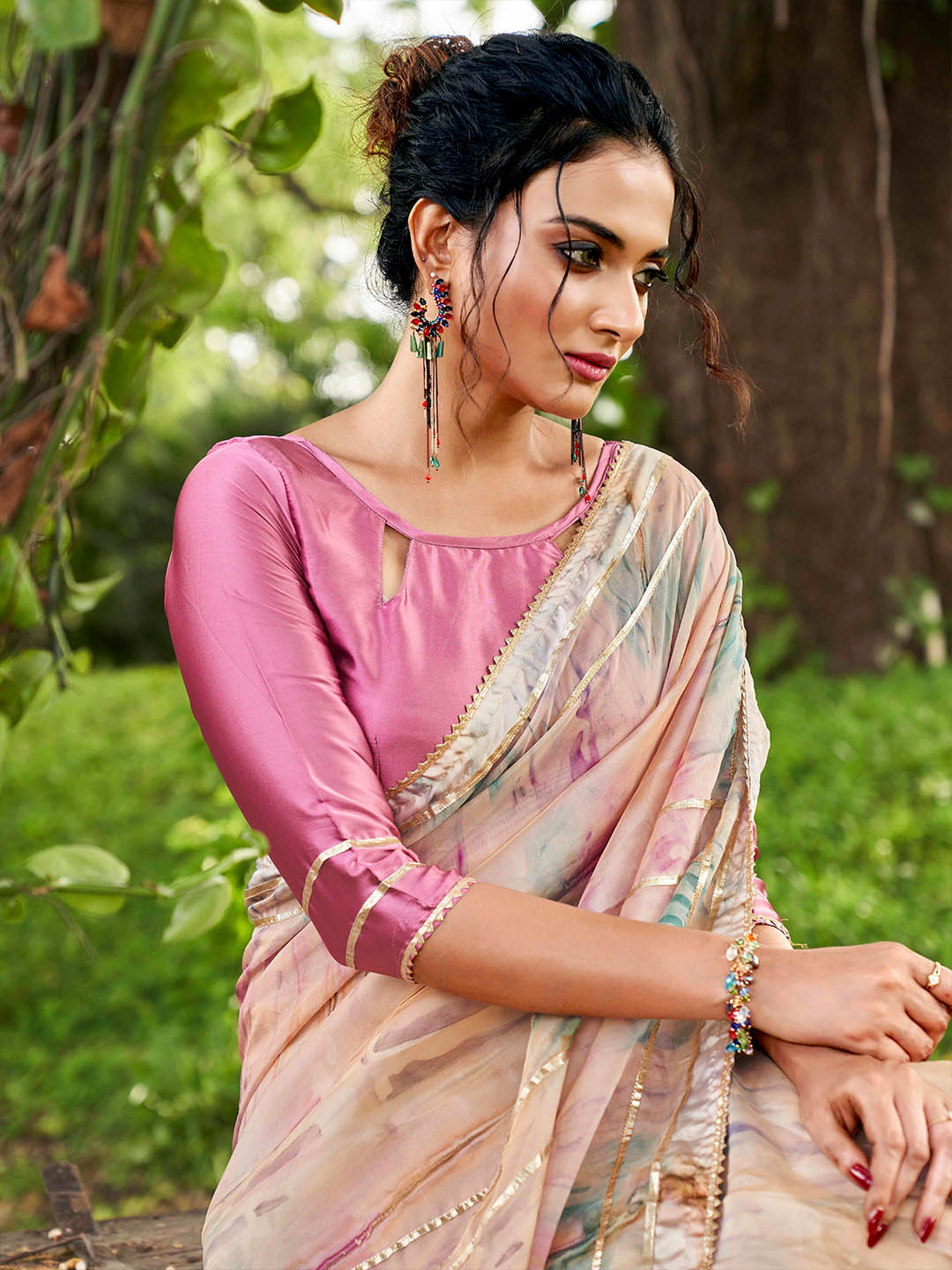 Tikhi Imli Peach Tie and Dye Gotta Patti Organza Saree