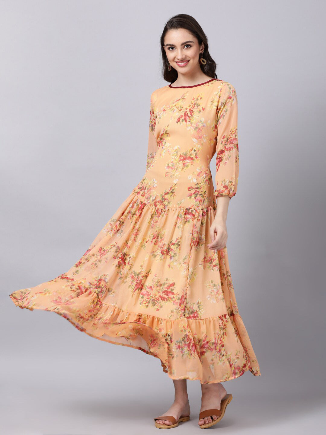 Souchii Floral Printed Boat Neck A-Line Maxi Dress