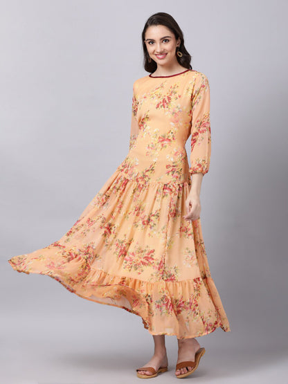 Souchii Floral Printed Boat Neck A-Line Maxi Dress