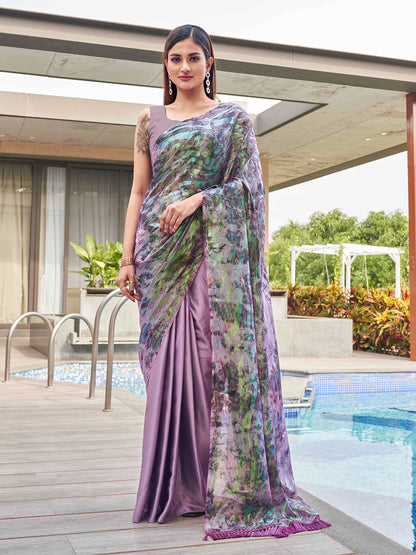 Tikhi Imli Mauve Abstract Printed Satin Half and Half Saree