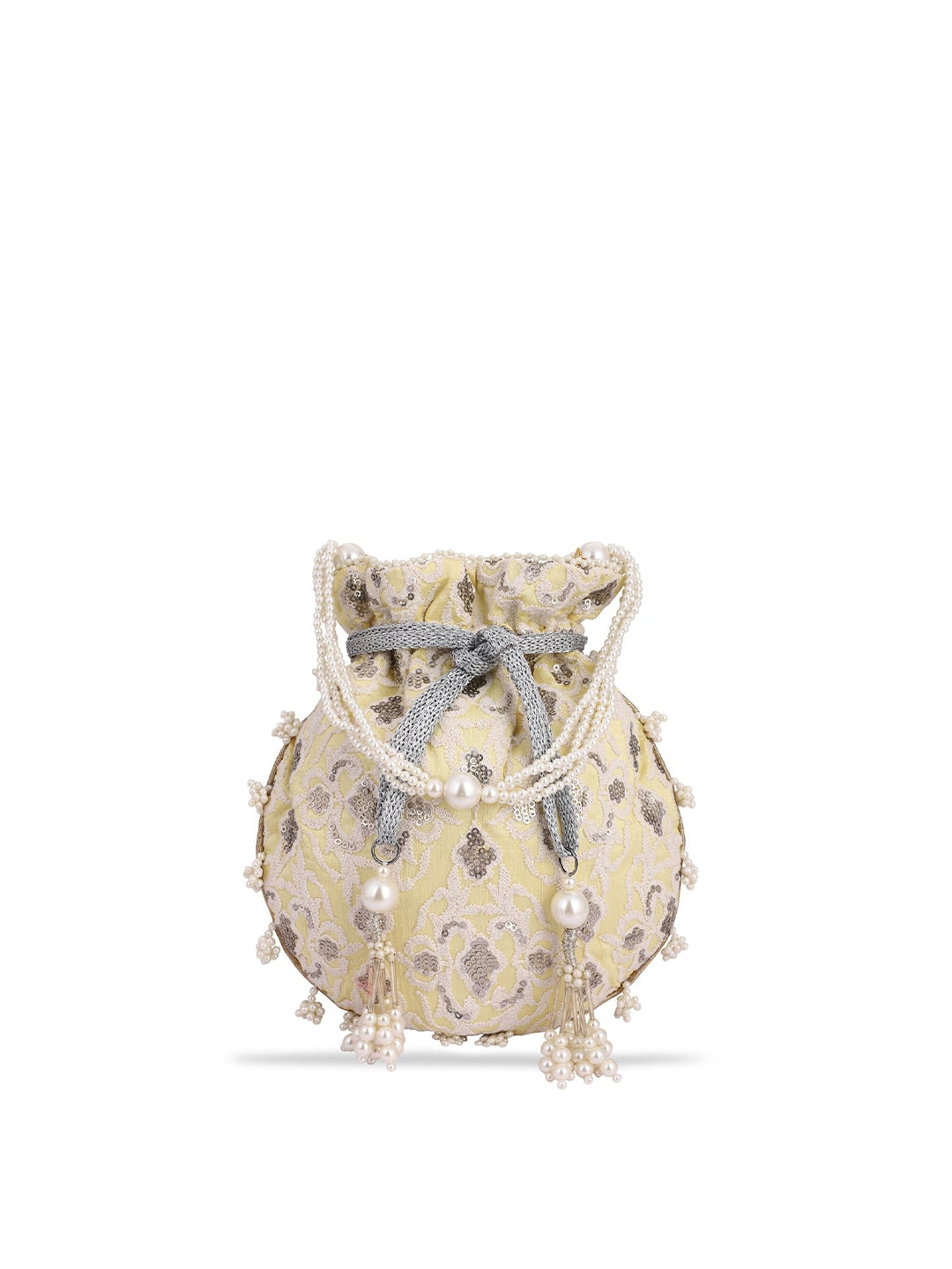 Masq Women Yellow & Grey Embellished Embroidered Potli Clutch