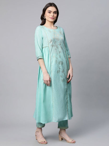 Ahalyaa Women Sea Green Colour Pure Cotton Gold Foil Print Kurta Pant Set
