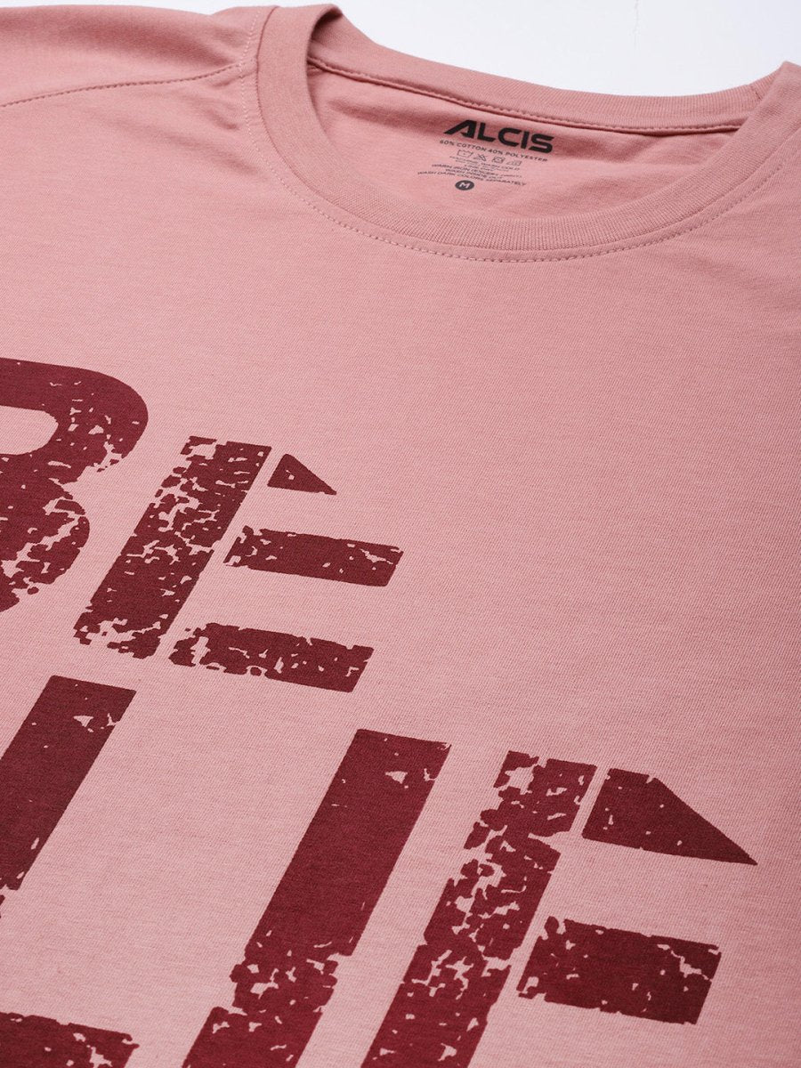 Alcis Men Dusty Pink & Maroon Typography Printed T-shirt