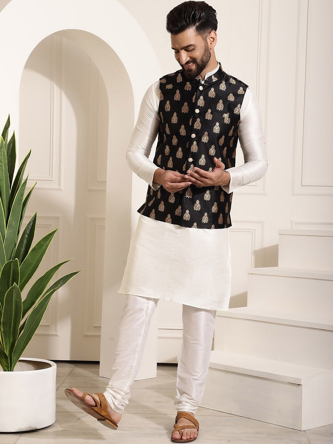 Sojanya Band Collar Straight Kurta & Churidar with Nehru jacket