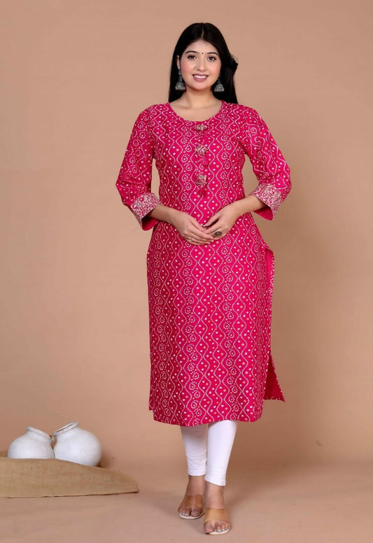 Miravan Women's Embroidered Pink Bandhani Pakistani Straight Kurti