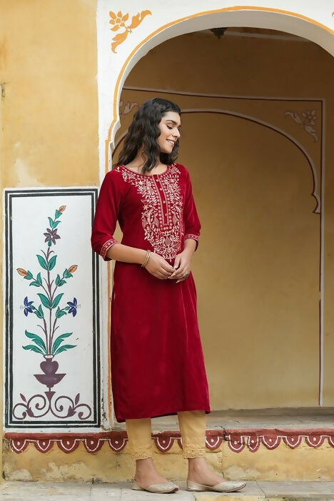 Juniper Maroon Ethnic Motif Printed Velvet Straight Kurta With Zari Work Embroidery