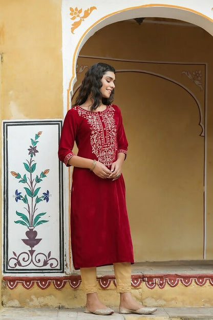 Juniper Maroon Ethnic Motif Printed Velvet Straight Kurta With Zari Work Embroidery