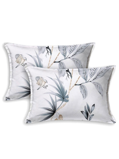 haus & kinder White & Grey Floral 186 TC Pure Cotton King Bedsheet & 2 Pillow Covers