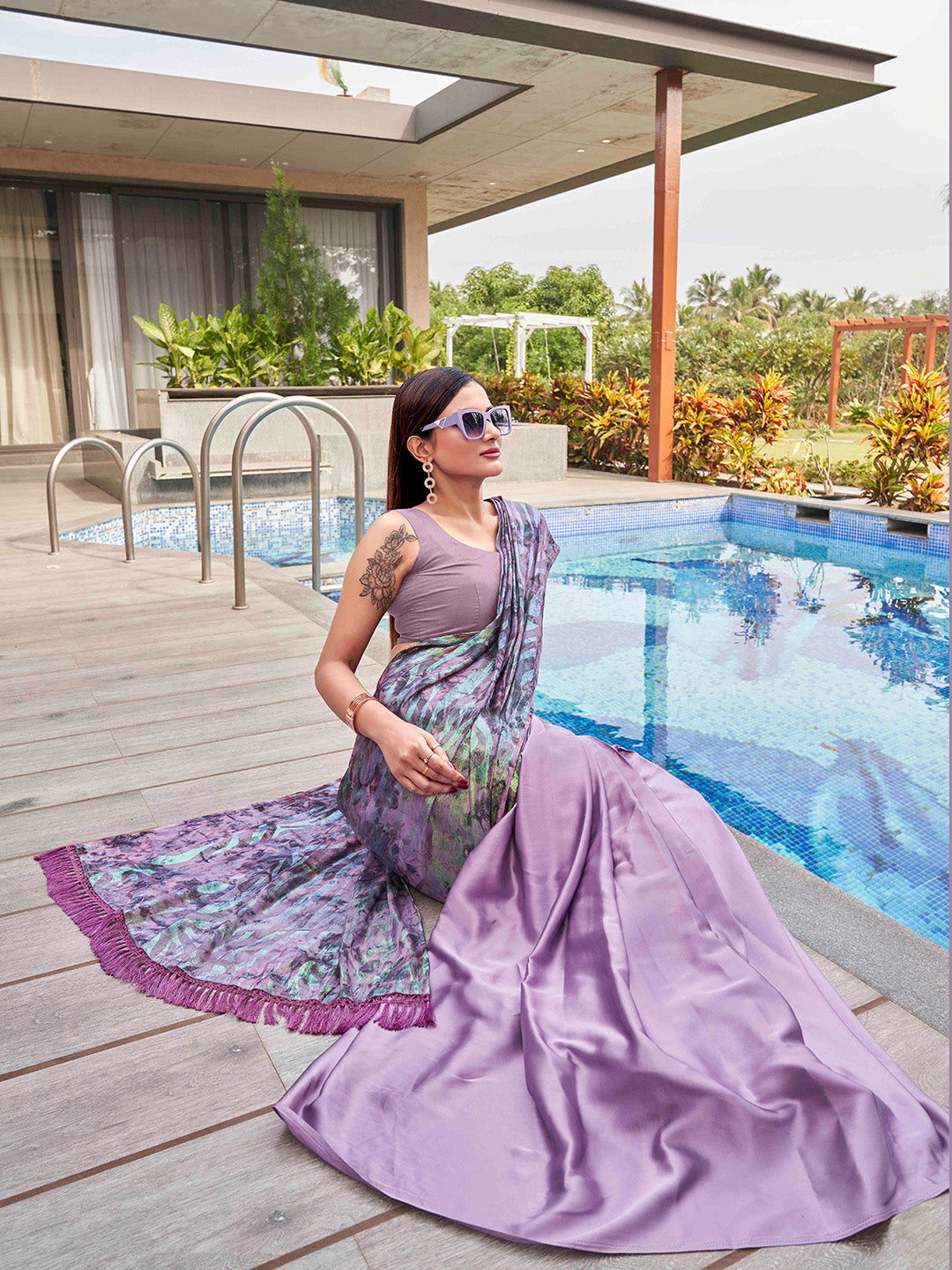 Tikhi Imli Mauve Abstract Printed Satin Half and Half Saree