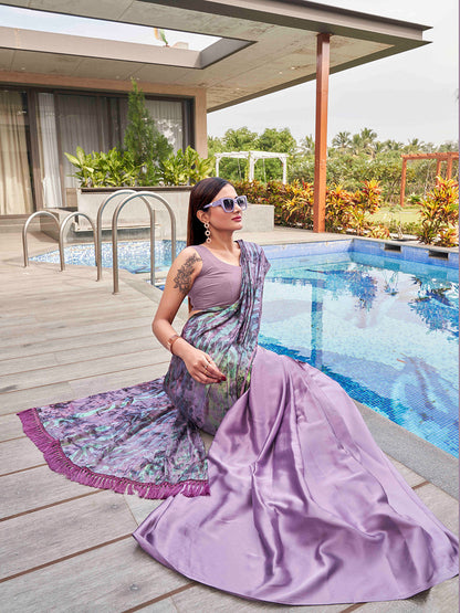 Tikhi Imli Mauve Abstract Printed Satin Half and Half Saree