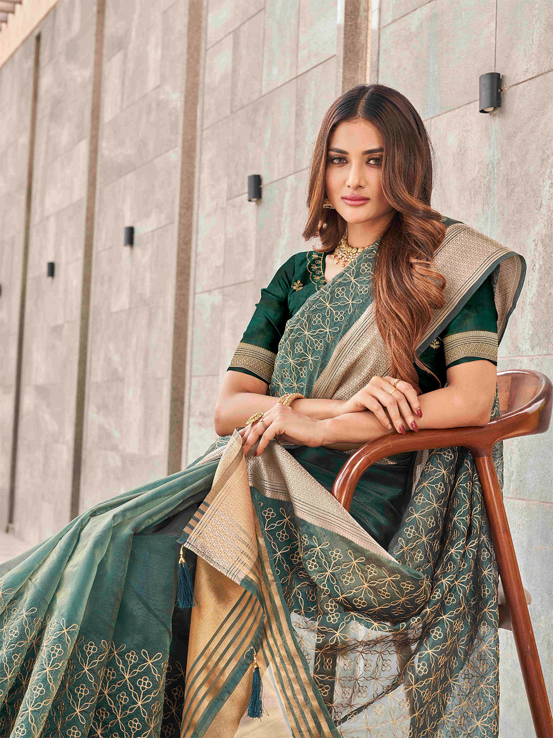 Tikhi Imli Olive Floral Embroidered Zari Organza Saree