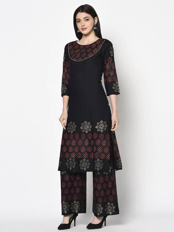 Aniyah Rayon Black Color Block Print Straight Kurta Palazzo Set (AN-189K)