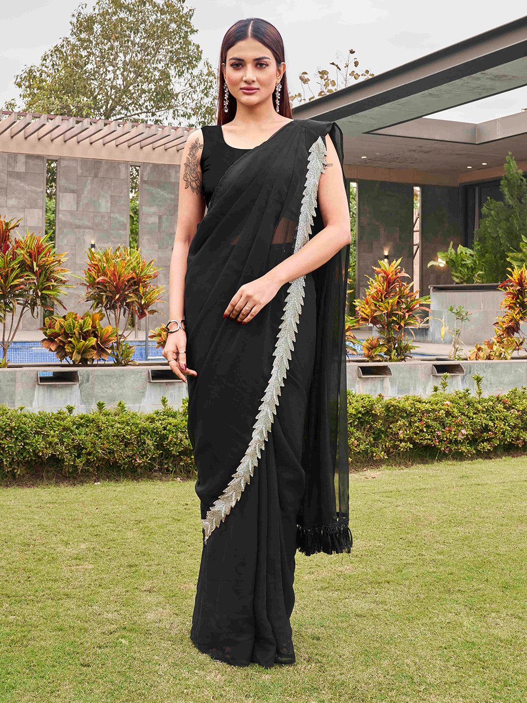 Tikhi Imli Black Beads and Stones Saree
