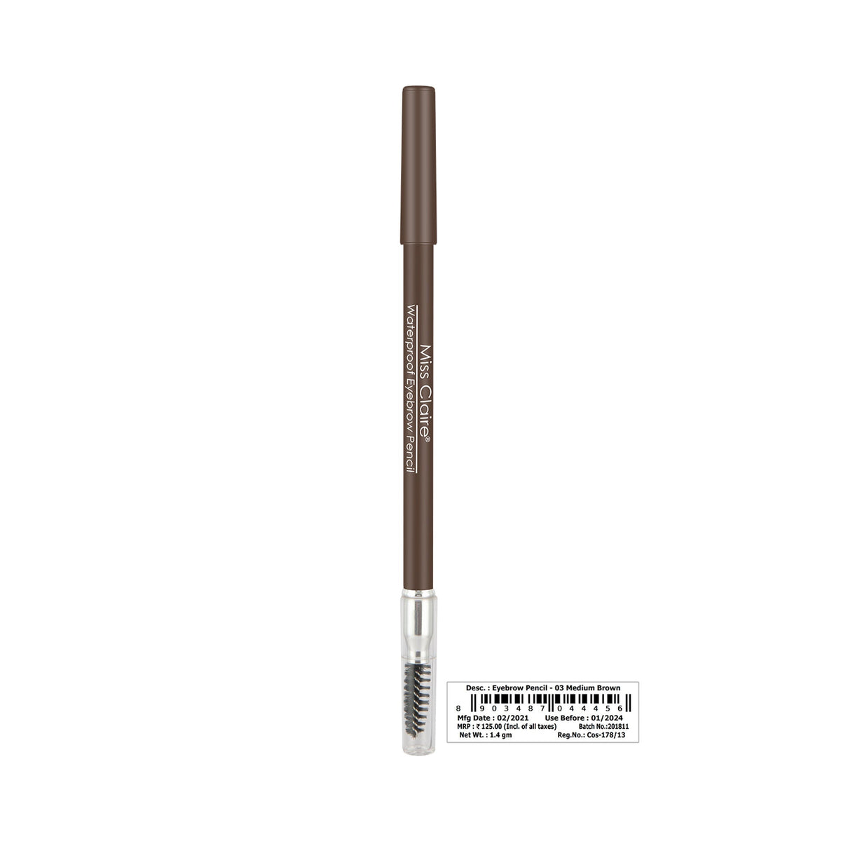 Miss Claire Waterproof Eyebrow Pencil With Mascara Brush - 03 Medium Brown