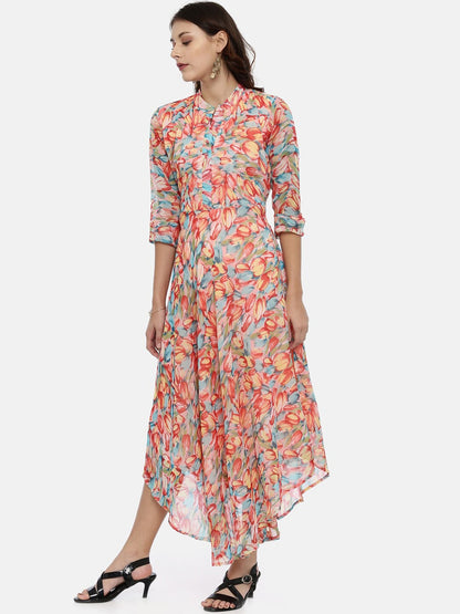 Souchii Multicoloured Floral Print Fit & Flare Asymmetric Dress