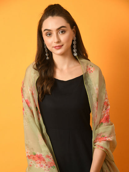 Myshka Women's Black Solid Anarkali Party Kurta Set With Printed Dupatta