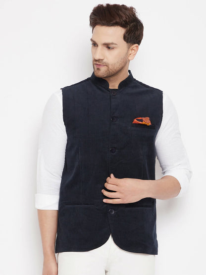 Even Apparels Navy Polyester Men's Nehru Jacket-Contrast Lining-Inbuilt Pocket Square