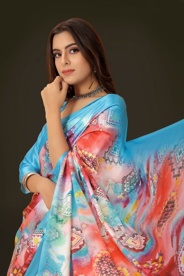 Aayaa Designer Printed Satin Saree - Multi Color