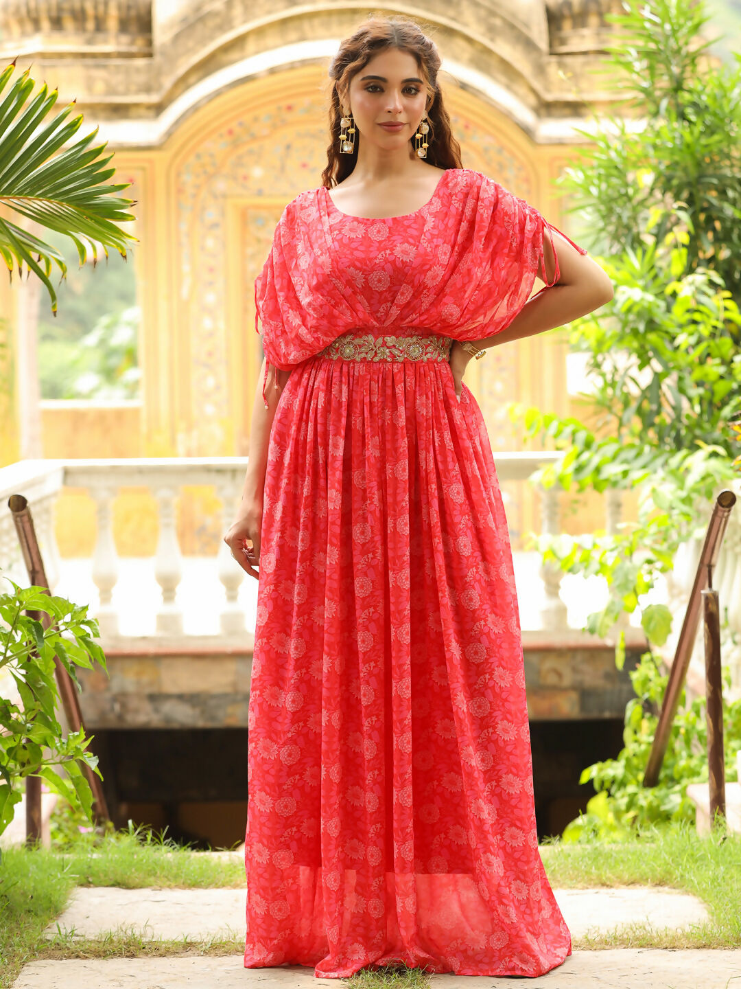 Janasya Pink Georgette Floral Gown