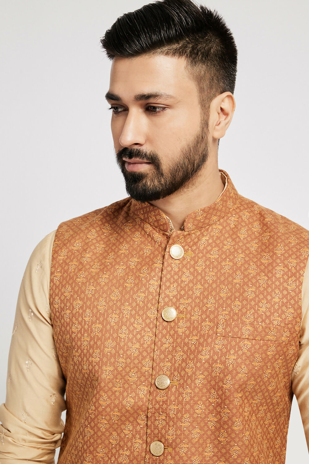 Ethnic India Brown Bundi Men's Jacket Abstract Blended