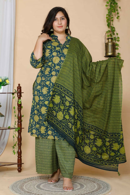 Miravan Women's Plus Size Green Floral Printed Cotton Kurta With Sharara & Dupatta Set