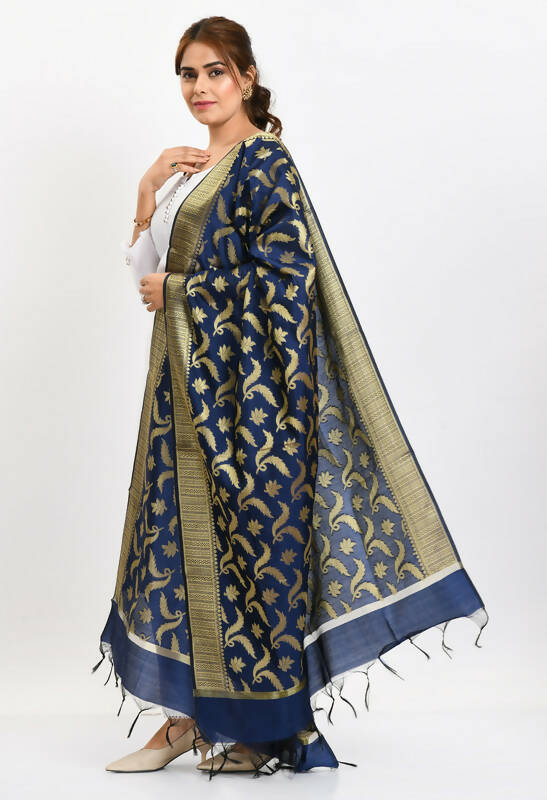Mominos Fashion Moeza Women's Banarsi Silk Floral Woven Design Navy Blue Dupatta
