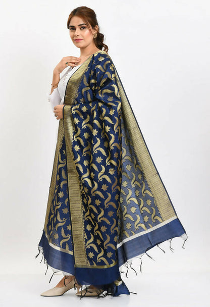 Mominos Fashion Moeza Women's Banarsi Silk Floral Woven Design Navy Blue Dupatta