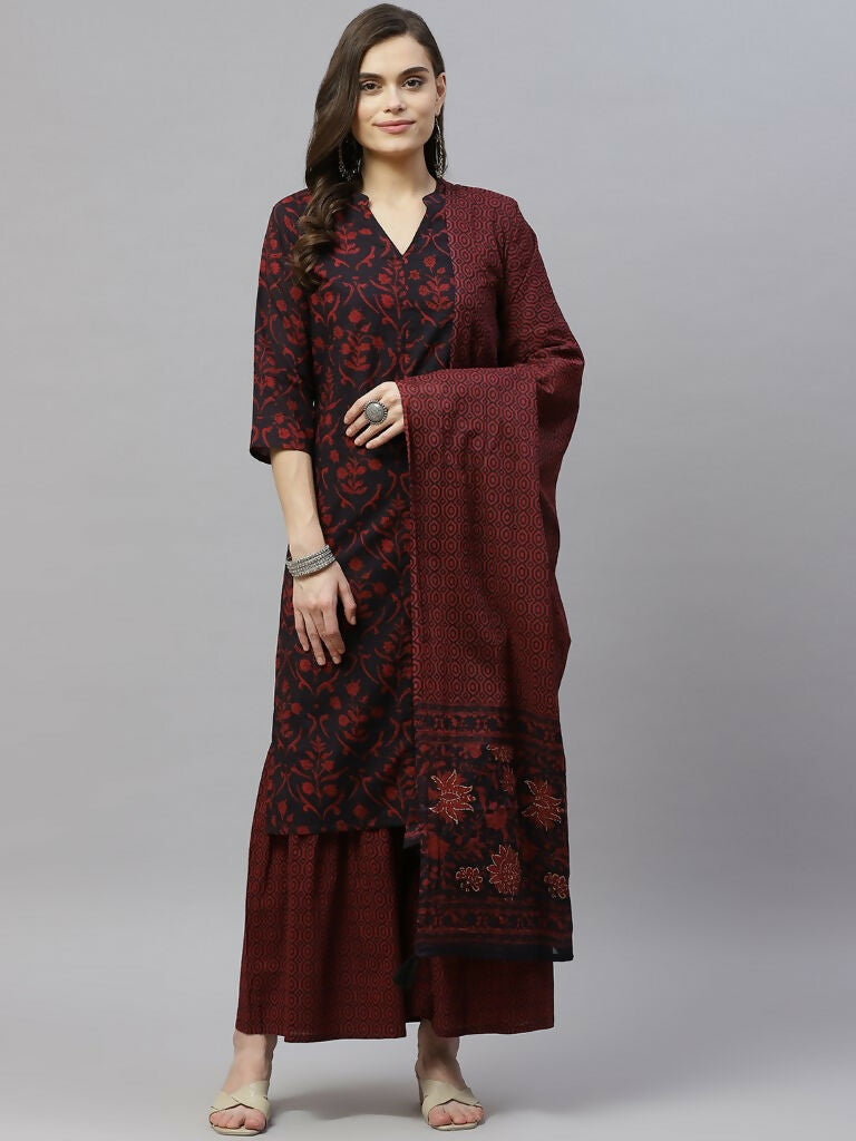 Miravan Women's Cotton Floral Print Straight Kurta Sharara And Dupatta Set