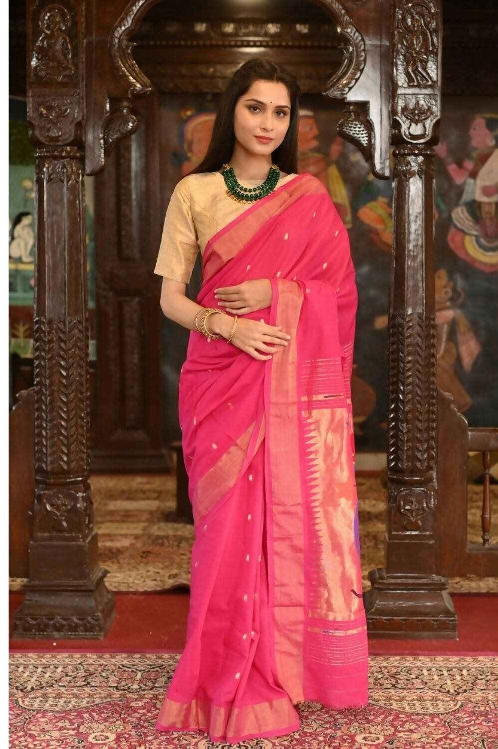Very Much Indian Handloom Pure Cotton Paithani Radhakrishna Pallu-Rani Pink