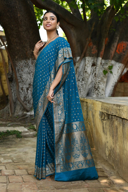 Joban Fashion Peacock Crepe Chiffon Pure Handloom Banarasi Silk Saree