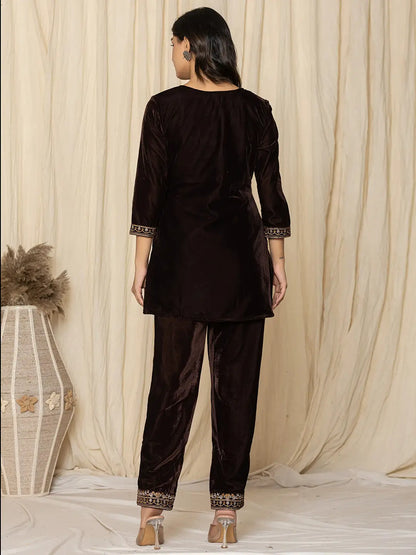 Yufta Coffee Brown Velvet Embroidered Co-Ord Set