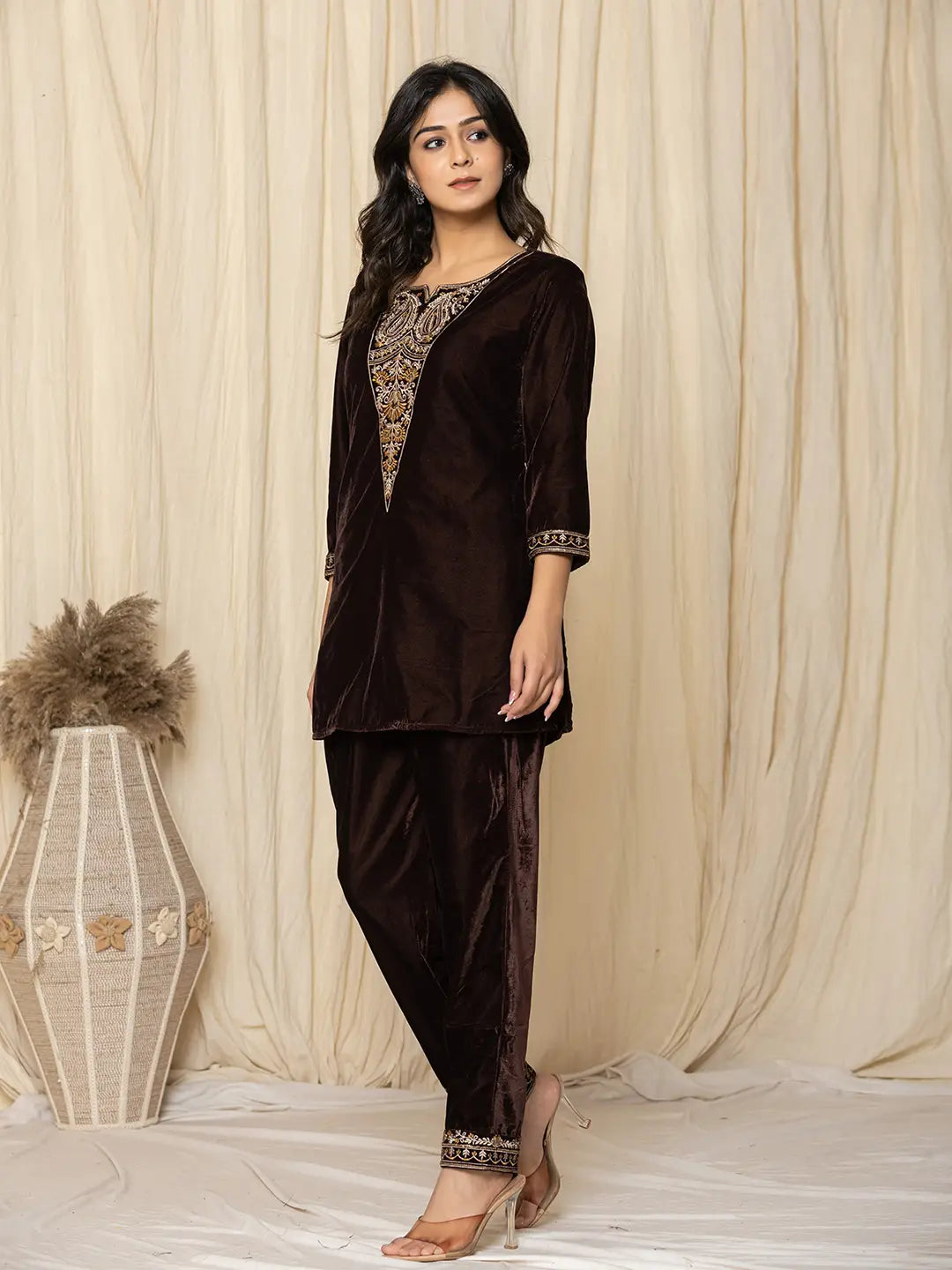 Yufta Coffee Brown Velvet Embroidered Co-Ord Set