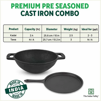 The Indus Valley CASTrong Cast Iron Cookware Set: Tawa+ Kadai (Wok model), Kitchen Set for Home, Pre-seasoned, 100% Pure, Toxin-free, Tadka Pan