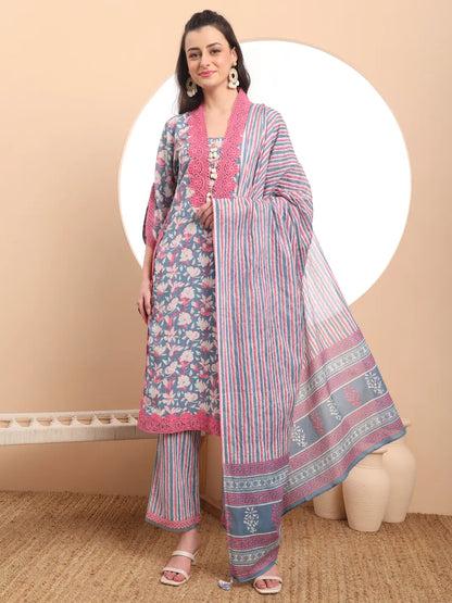 Yufta Cotton Blue Kurta Dupatta Set With Lace Detailing
